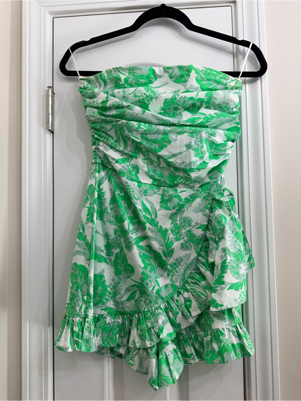 Olivaceous White & Bright Green Strapless Floral Ruffle Romper